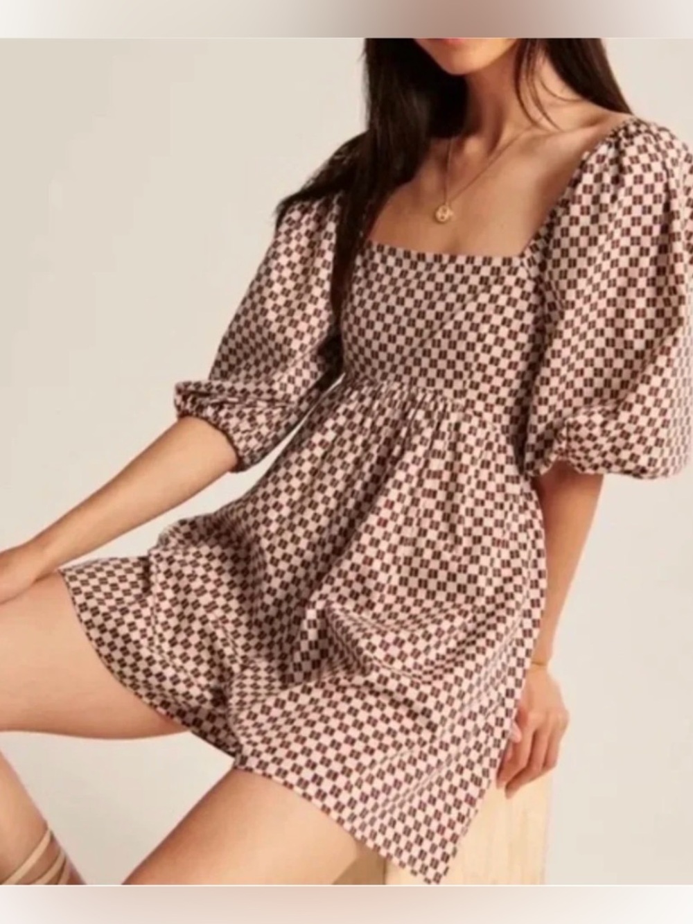 Abercrombie & Fitch Burgundy Brown and Cream Check Square Neck Mini Romper M